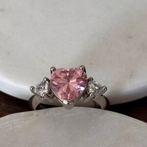 Elegant Pink and Silver Heart Three Stone Ring